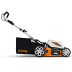side view of the STIHL RMA 348 Battery Lawn Mower is a quiet, capable mower for medium-sized lawns, built for gardeners and landscapers who need efficient mowing with low maintenance and flexible cutting options. Available at Cannings.