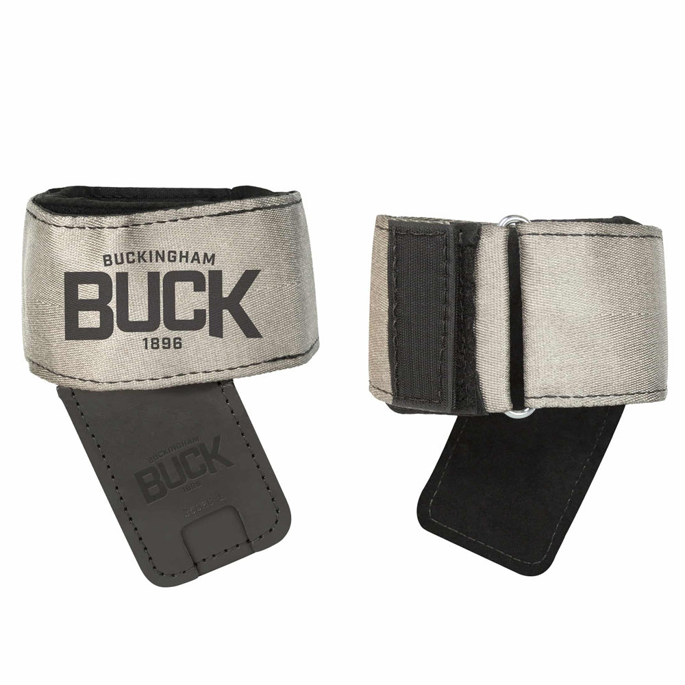 Hook-and-loop wrap pads with an angled steel insert that stops the shank chafing your leg. 3/4in cushioning, rolled edges, optional cinch loop.
