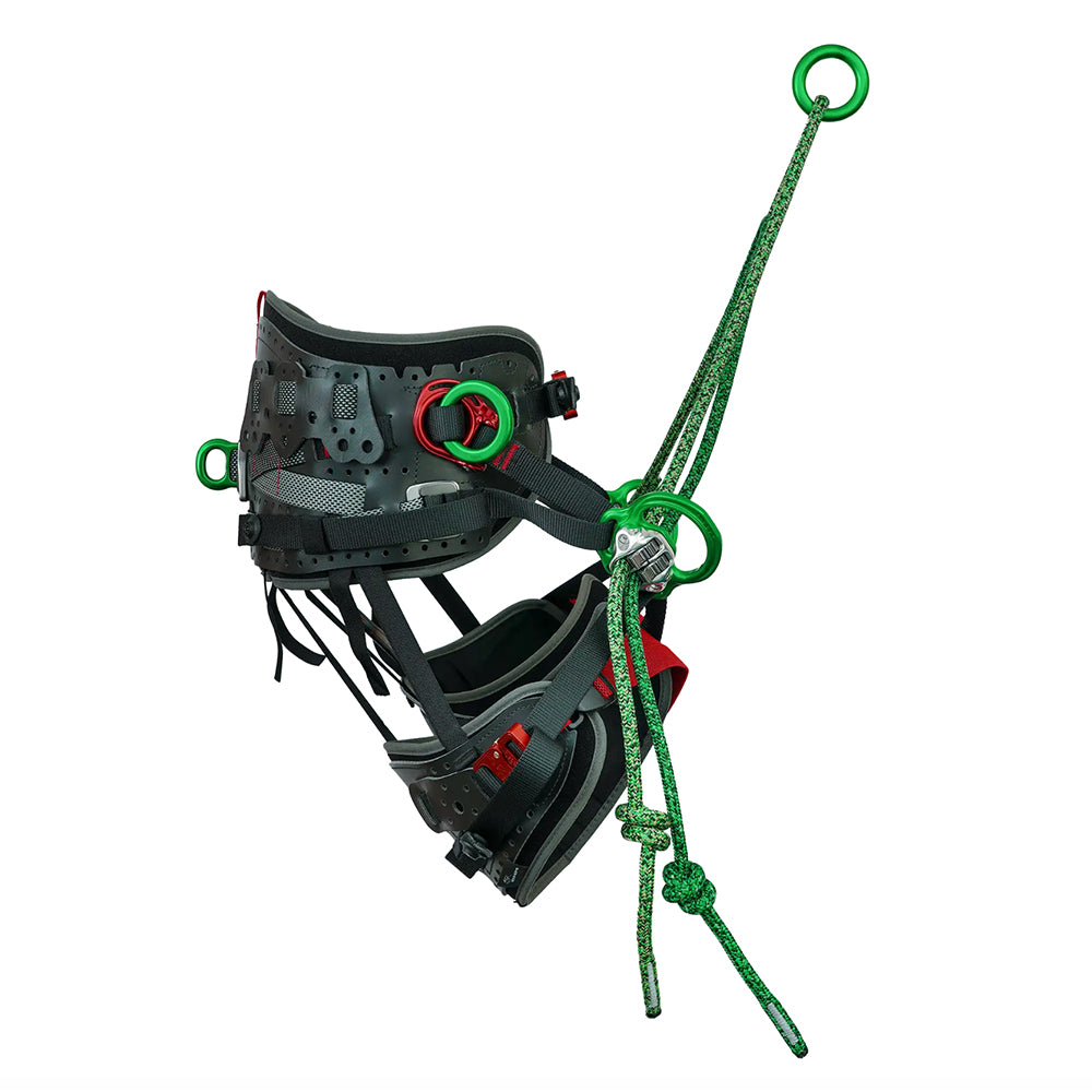 Treemagineers-designed arborist harness - Kinisi Max built by DMM. Padded structural webbing, replaceable wear parts and modular bridges. Small, Medium and Large. Side view