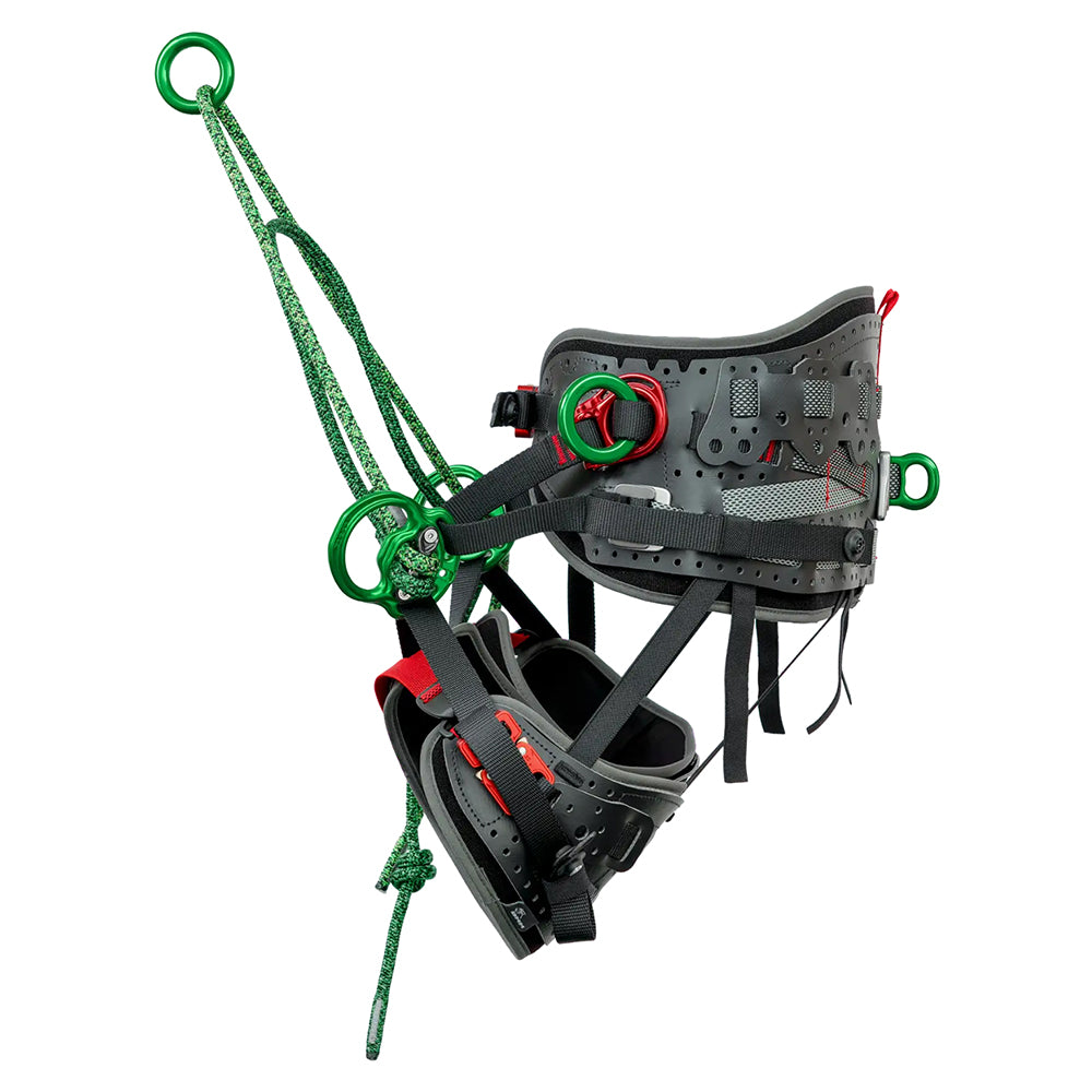 Treemagineers-designed arborist harness - Kinisi Max built by DMM. Padded structural webbing, replaceable wear parts and modular bridges. Small, Medium and Large. Side view 2