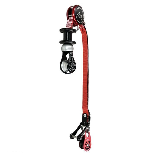 A red and black climbing rope ascender with a black carabiner and silver metal pulley block, shown vertically on a plain white background. Art Rope Guide Twin Line available at Cannings