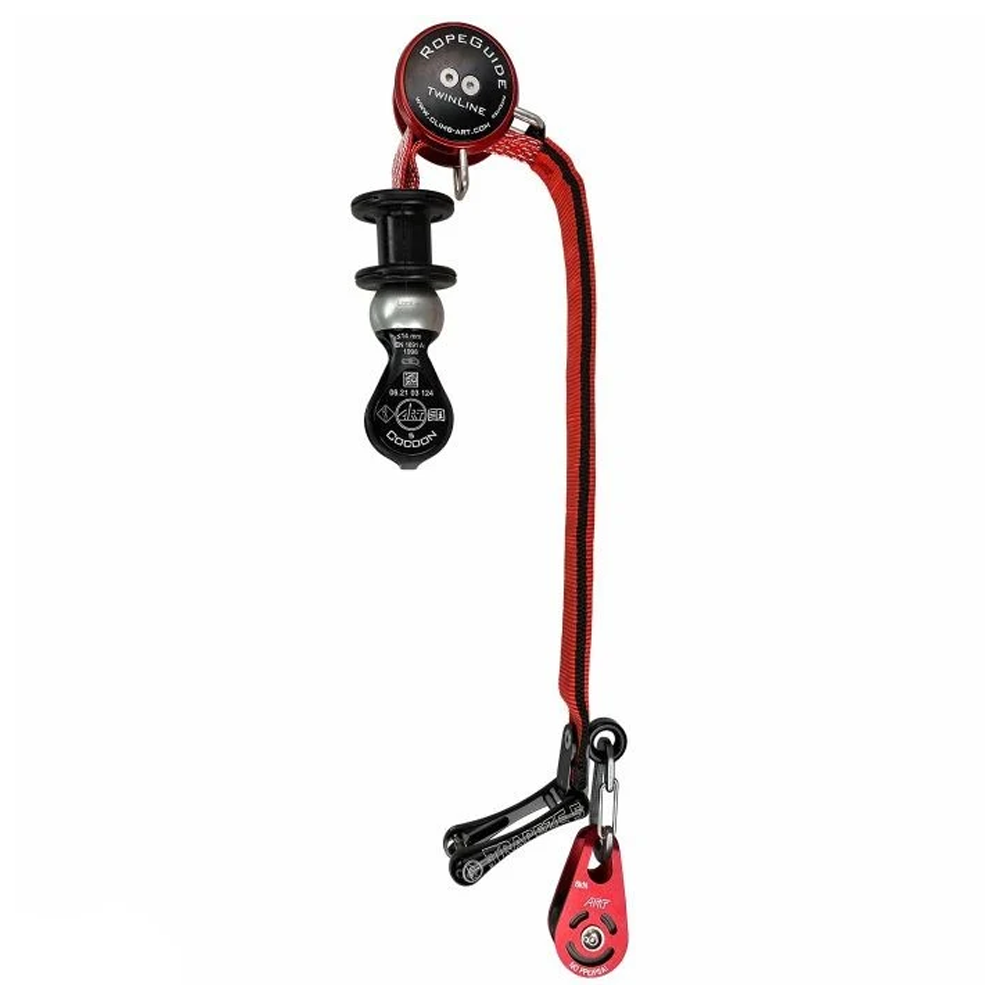 A red-and-black climbing rope with a black-and-silver pulley block and a red carabiner, shown against a plain white background. Art Rope Guide Twin Line available at Cannings