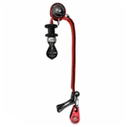 A red-and-black climbing rope with a black-and-silver pulley block and a red carabiner, shown against a plain white background. Art Rope Guide Twin Line available at Cannings