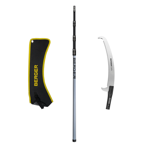 Berger garden pruning tool set on a white background, including a silver telescopic pole, a curved silver hand saw with a black handle, and a black protective sheath with yellow trim and the BERGER logo.