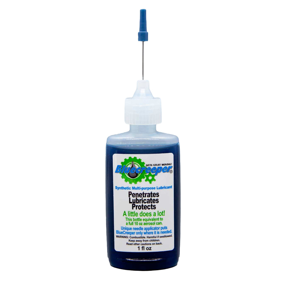 A 1 fl oz bottle of BlueScorpion penetrates lubricant with a blue cap and needle applicator, shown on a plain white background.