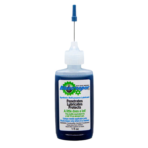 A 1 fl oz bottle of BlueScorpion penetrates lubricant with a blue cap and needle applicator, shown on a plain white background.