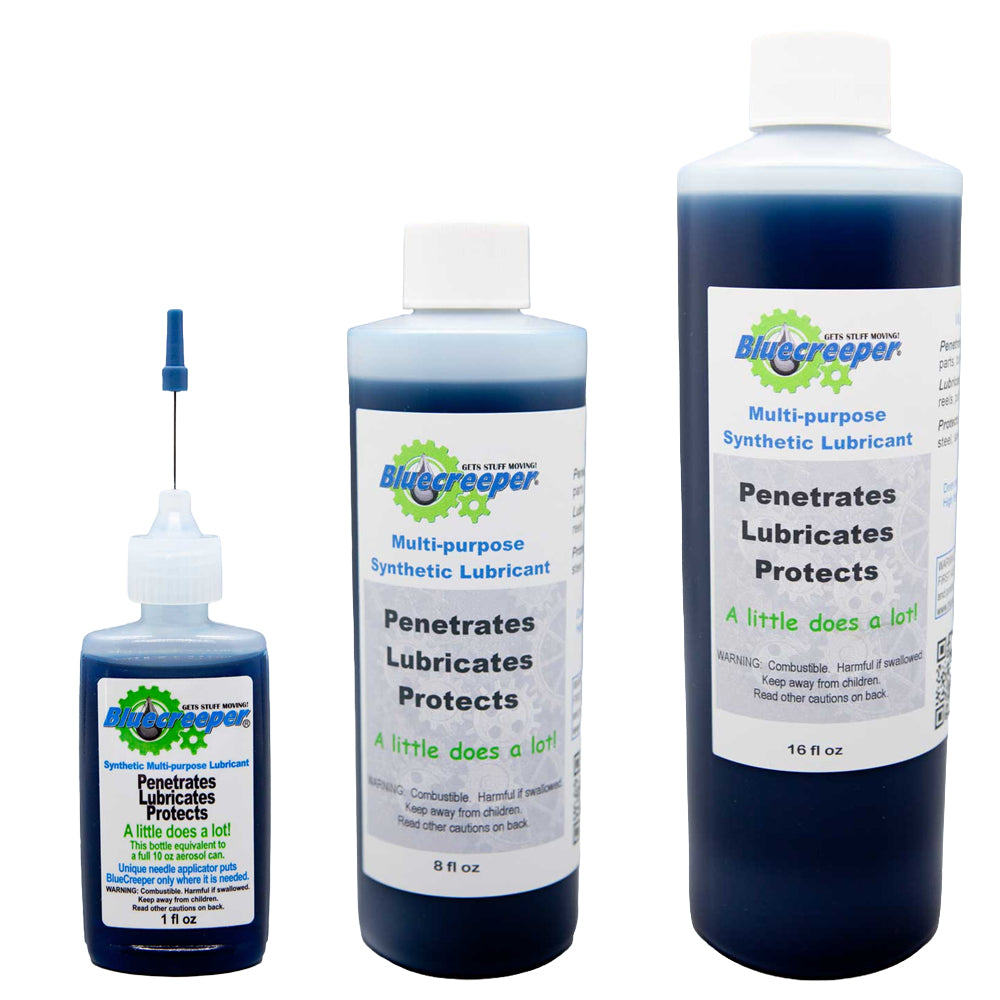 Three bottles of Bluecreeper Multi-purpose Synthetic Lubricant in different sizes on a white background, including a 16 fl oz bottle, an 8 fl oz bottle, and a 1 fl oz precision applicator bottle.