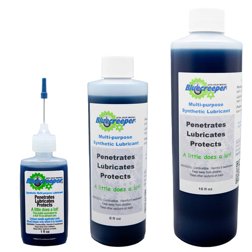 Three bottles of Bluecreeper Multi-purpose Synthetic Lubricant in different sizes on a white background, including a 16 fl oz bottle, an 8 fl oz bottle, and a 1 fl oz precision applicator bottle.