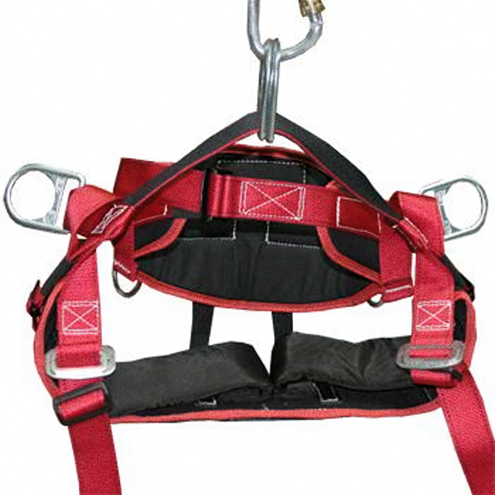 Red and black Buckingham AussieMasters climbing harness with silver metal carabiners and a hanging hook, shown on a plain white background.