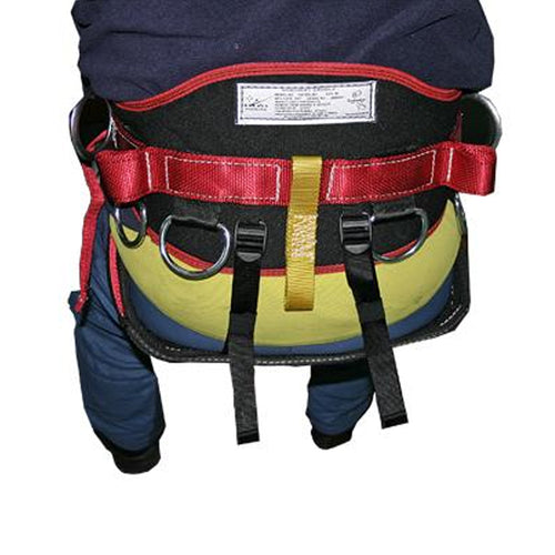 A technical rescue or climbing harness - Buckingham AussieMasters shown from the back, red webbing straps, a yellow-green central panel, black straps, and metal D-rings, set against a plain white background.