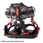 A red and gray climbing harness with metal D-rings and a padded batten seat, shown against a white background with the text 'Batten seat shown with Harness' at the bottom.