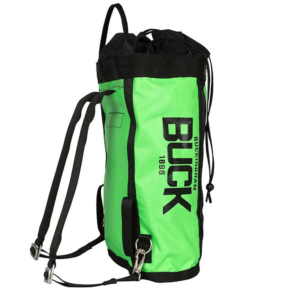 Heavy-duty 44oz vinyl haul bag with MOLLE webbing inside and out, metal buckles and snaps, and a removable back pad. Built to carry rope and rigging kit. Ergovation range