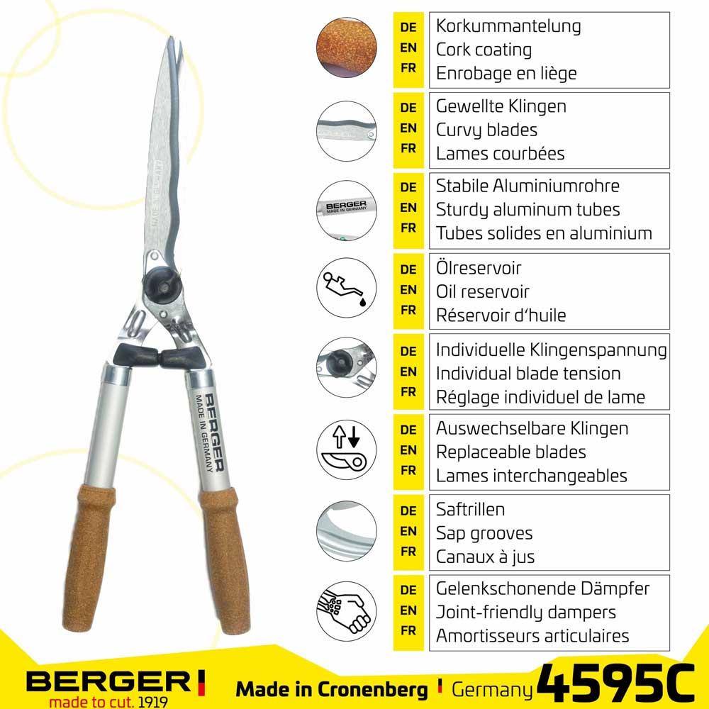 Now in Australia through Cannings: Berger German-made hedge shears with cork handles. 61cm long with 24cm wavy forged blades, shock absorbers, and sap grooves for clean, precise trimming. 3
