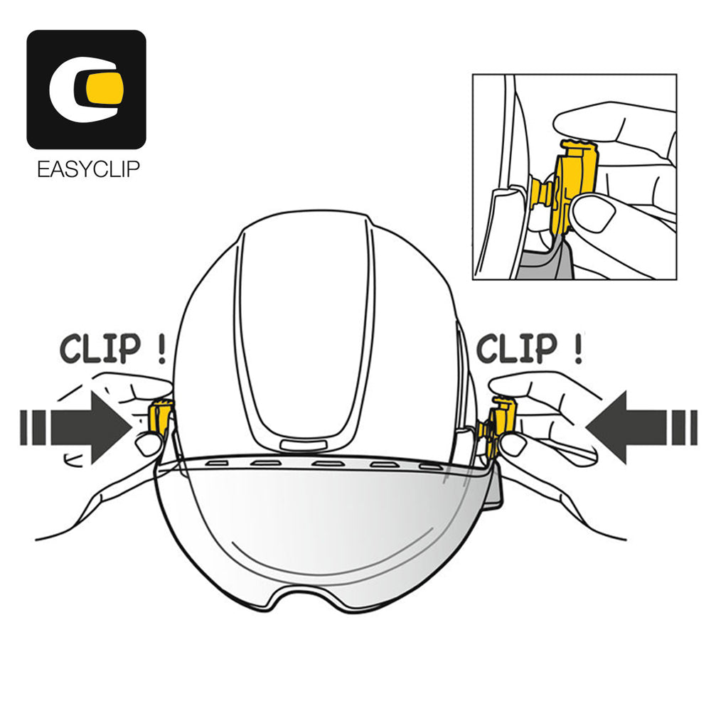 Instruction diagram showing how to clip a Petzl Vizen Mesh Face Shield with Easyclip system onto a helmet. A small inset shows hands demonstrating the clip in use. Buy the faceshield for arborists at Cannings Outdoor Power Equipment