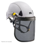 A white Petzl climbing helmet with an attached Petzl Vizen Mesh Face Shield. Easyclip System. For Arborists. Faceshield Fits compatible PETZL VERTEX and STRATO helmets. Buy online from Cannings.