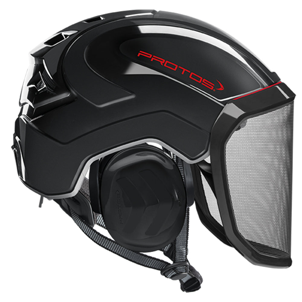 The PROTOS Integral Arborist Helmet combines integrated hearing, face, and head protection in a single professional climbing helmet. Available from Cannings, specialists in arborist, landscaping and gardening equipment. Black