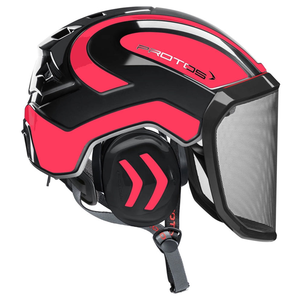 The PROTOS Integral Arborist Helmet combines integrated hearing, face, and head protection in a single professional climbing helmet. Available from Cannings, specialists in arborist, landscaping and gardening equipment. Pink-Grey