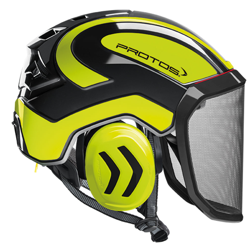 The PROTOS Integral Arborist Helmet combines integrated hearing, face, and head protection in a single professional climbing helmet. Available from Cannings, specialists in arborist, landscaping and gardening equipment. Yellow-Black