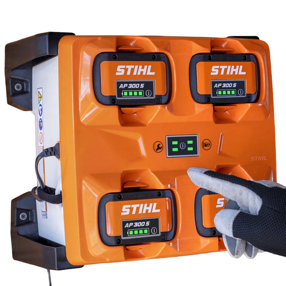 AL 301-4 Multi-Battery Charger in use. A practical charging solution for keeping AP System batteries ready to go. Charge up to 4 STIHL AP System batteries at once. Shop online or in-store at Cannings. 